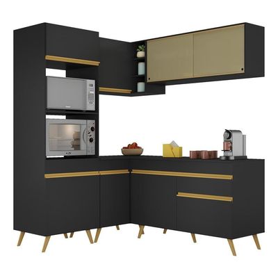 Armário De Cozinha Completa De Canto Veneza Multimóveis V2063 Preto/dourado Preto/dourado