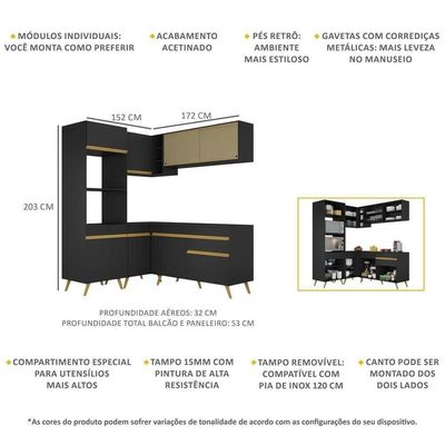 Armário De Cozinha Completa De Canto Veneza Multimóveis V2063 Preto/dourado Preto/dourado