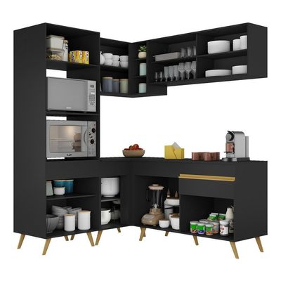 Armário De Cozinha Completa De Canto Veneza Multimóveis V2063 Preto/dourado Preto/dourado