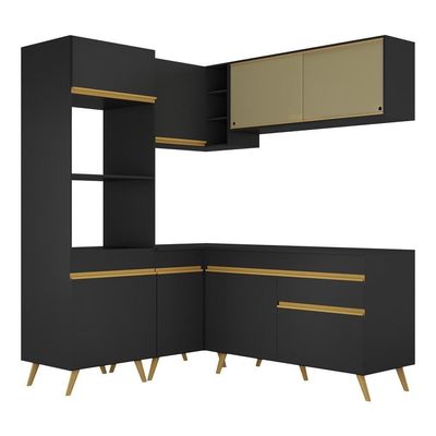 Armário De Cozinha Completa De Canto Veneza Multimóveis V2063 Preto/dourado Preto/dourado