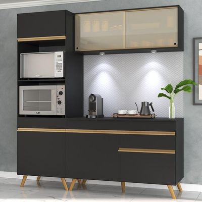 Armário De Cozinha Compacta 182cm Com Leds Veneza Up Multimóveis V2020 Preto/dourado Preto/dourado