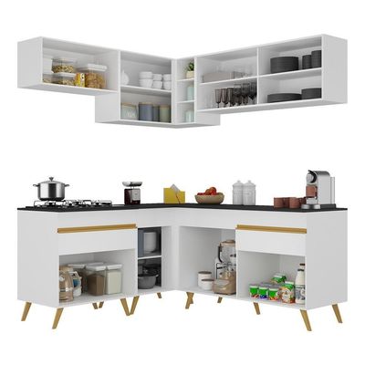 Armário De Cozinha Completa De Canto Veneza Multimóveis V2062 Branco/dourado Branco/dourado