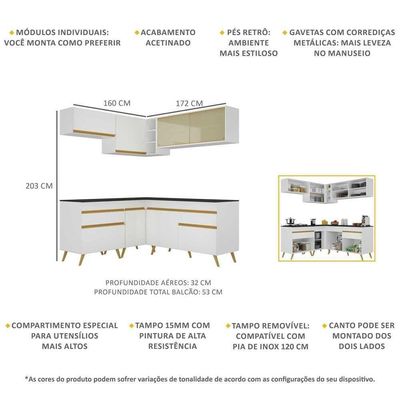 Armário De Cozinha Completa De Canto Veneza Multimóveis V2062 Branco/dourado Branco/dourado