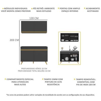 Cozinha Compacta 2pçs+Armário E Balcão Mp3748 Preta