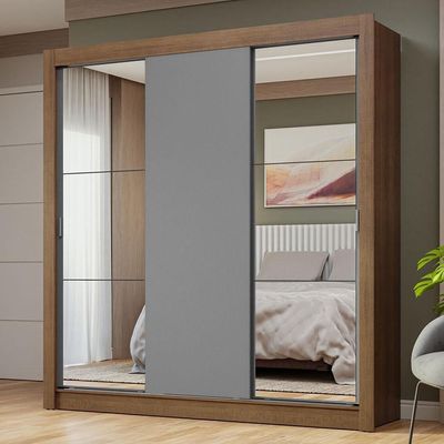 Guarda-roupa Casal 3 Portas Correr Espelhos Rustic/cinza
