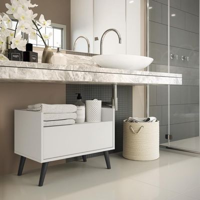 Gabinete Armário Banheiro 60 Cm com Pés Retrô Branco Preto
