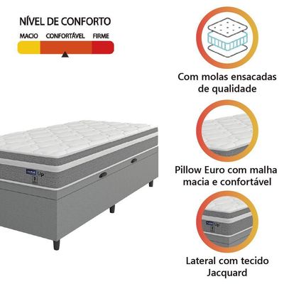 Cama Box Baú Colchão Solteiro Molas Ensacadas Euro In Up 88x188x67cm Cinza - Branco Probel Cinza