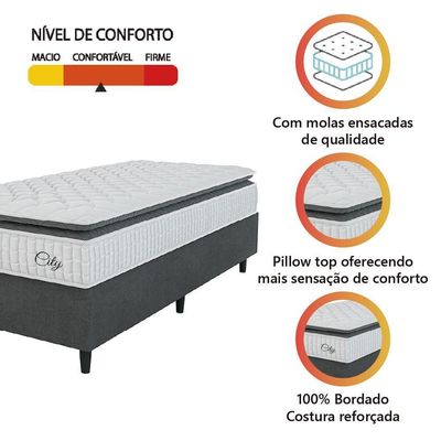 Cama Box Colchão Solteiro Molas Ensacadas City Pillow Top 88x188x61cm Branco-Preto Hellen Suporta até 110kg por Pessoa