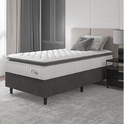 Cama Box Colchão Solteiro Molas Ensacadas City Pillow Top 88x188x61cm Branco-Preto Hellen Suporta até 110kg por Pessoa
