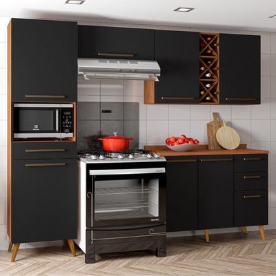 Armário De Cozinha Completa Com Adega 7 Portas 4 Gavetas Favorita Preto/nature Preto Naturale
