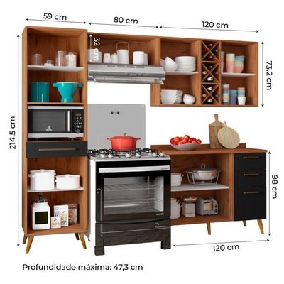Armário De Cozinha Completa Com Adega 7 Portas 4 Gavetas Favorita Preto/nature Preto Naturale