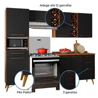 Armário De Cozinha Completa Com Adega 7 Portas 4 Gavetas Favorita Preto/nature Preto Naturale
