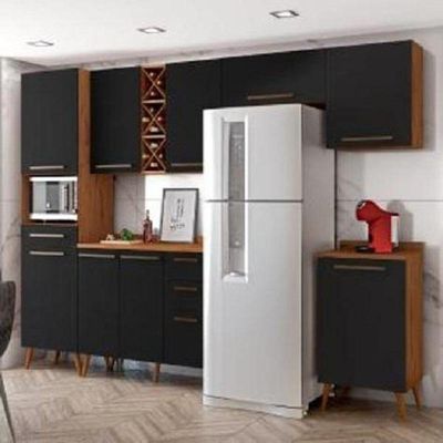 Armário De Cozinha Completa Com Adega 9 Portas 4 Gavetas Favorita Natura / Preto Preto e