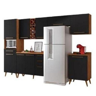 Armário De Cozinha Completa Com Adega 9 Portas 4 Gavetas Favorita Natura / Preto Preto e