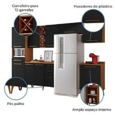 Armário De Cozinha Completa Com Adega 9 Portas 4 Gavetas Favorita Natura / Preto Preto e