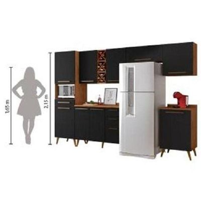 Armário De Cozinha Completa Com Adega 9 Portas 4 Gavetas Favorita Natura / Preto Preto e
