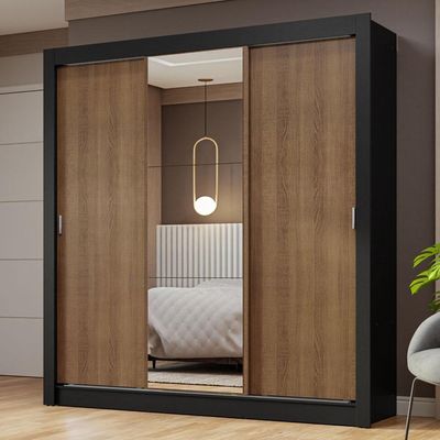 Guarda-roupa Casal 3 Portas Correr Espelho Preto/rustic