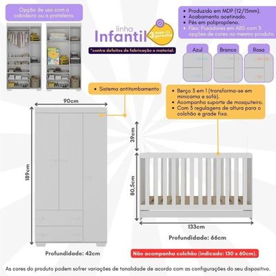 Quarto Infantil Com Berço 3 Em 1 E Guarda-roupas Algodão Doce Multimóveis Mp4247 Branco