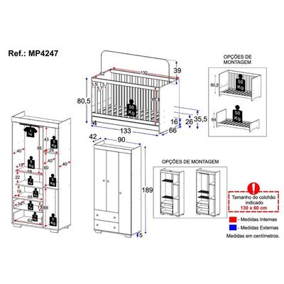 Quarto Infantil Com Berço 3 Em 1 E Guarda-roupas Algodão Doce Multimóveis Mp4247 Branco