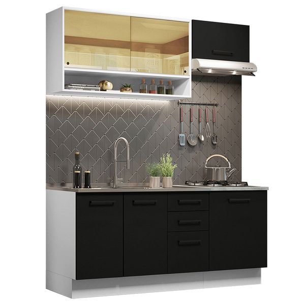 Cozinha Completa Madesa Agata 180004 com Armário e Balcão (Sem Tampo e Pia) Branco/Preto Cor:Branco Preto