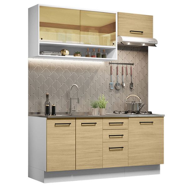 Cozinha Completa Madesa Agata 180004 com Armário e Balcão (Sem Tampo e Pia) Branco/Carvalho Cor:Branco Carvalho