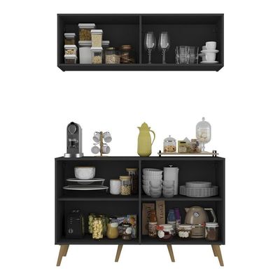Conjunto Cantinho Do Café Retrô Armário E Aparador 4 Portas Multimóveis Mp1084 Preto/natural