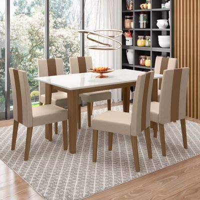 Conjunto de Sala de Jantar Mesa com 6 Cadeiras Goya Poliman Carvalho com Off White