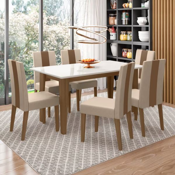 Conjunto de Sala de Jantar Mesa com 6 Cadeiras Goya Poliman Carvalho com Off White