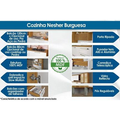 Balcão De Cozinha Burguesa Premium 2 Portas E 3 Gavetas C/ Tampo 120cm Freijo/grafite - Nesher