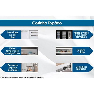 Balcão De Cozinha Topázio 3 Portas E 3 Gavetas C/tampo 105cm Branco/preto - Telasul