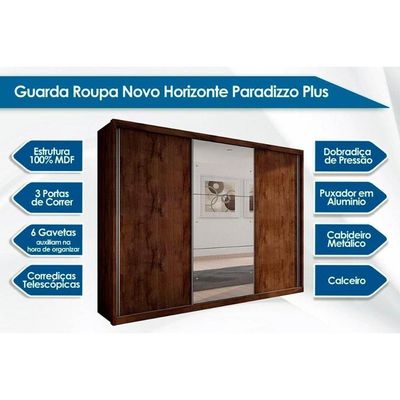 Guarda Roupa Casal 3 Portas De Correr E 6 Gavetas C/ Espelho Paradizzo Gold Branco - Novo Horizonte