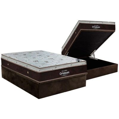 Cama Box Baú Casal: Colchão Molas Ortobom Super Sleep King Látex + Base Brown(138X188)