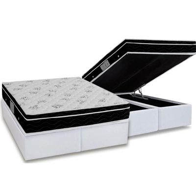Cama Box Baú Queen: Colchão Molas Ortobom Nanolastic Physical + Base Crc Courano White(158X198)