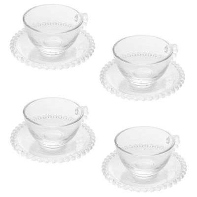 Conjunto com 4 Xícaras e Pires para Chá Wolff Pearl em Cristal - 180 ml Transparente