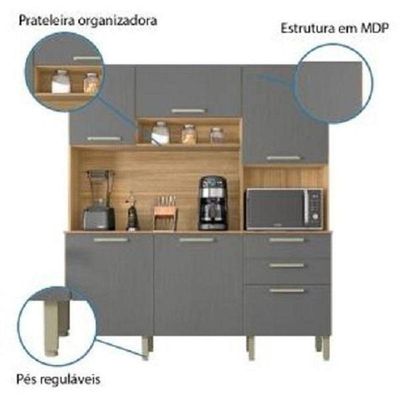 Armário De Cozinha Completa Ferrara 6 Portas 1 Gaveta Freijó / Grafite Freijo Cinza