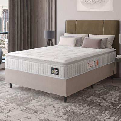 Cama Box Casal Colchão Espuma D45 Lazio Pillow Top 138x188x62cm Suede Branco/bege Hellen