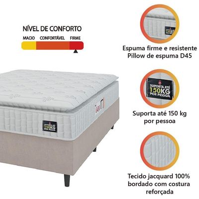 Cama Box Casal Colchão Espuma D45 Lazio Pillow Top 138x188x62cm Suede Branco/bege Hellen