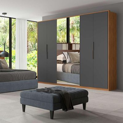 Guarda-Roupa Casal com 2 Espelhos Atrice 6 PT 6 GV Amêndola e Grafito