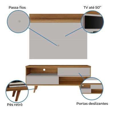 Bancada Retrô Com Painel Para Tv De Até 50 Polegadas Notável Off White / Freijó Trend Preto