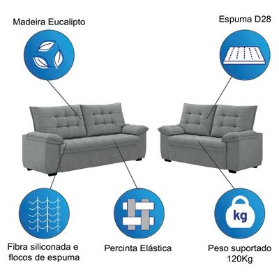 Conjunto De Sofá 2 E 3 Lugares Bertioga Veludo Cinza Luizzi