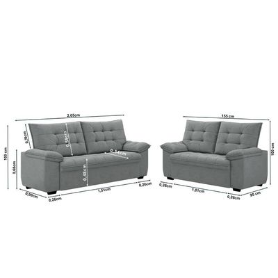 Conjunto De Sofá 2 E 3 Lugares Bertioga Veludo Cinza Luizzi