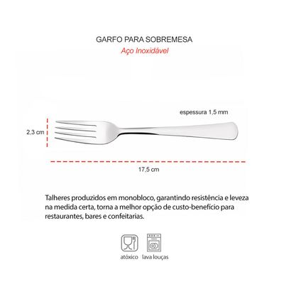 Garfo de Sobremesa Aço Inox Talheres Restaurante Buffet 6un Toronto