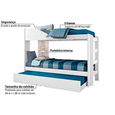 Colchão Physical Ortobom (3Un) + Beliche Indy C/ Auxiliar Branco