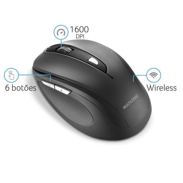 Mouse Confort Sem Fio 2,4Ghz 6 Botões 1600dpi Emborrachado Preto USB - MO237 MO237 Mouse Confort Sem Fio 2,4Ghz 6 Botões 1600dpi Emborrachado Preto USB - MO237 MO237