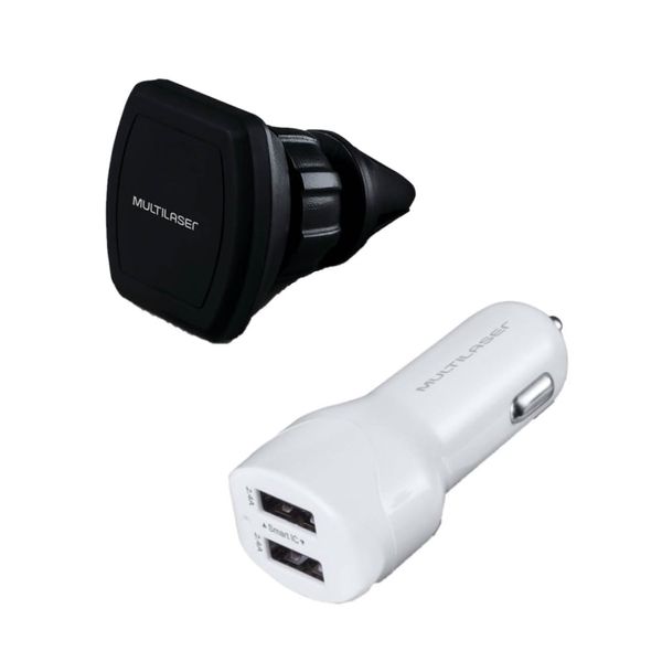 Combo Car - Carregador Automotivo 2 Portas Usb Branco e Suporte Universal Magnético Veicular Para Smartphone Multilaser - AC313K AC313K