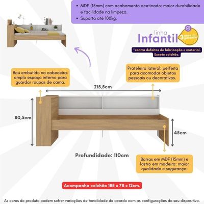 Cama De Solteiro Com Colchão Incluso Baú Embutido e Prateleira Multimóveis Mp4260 Rustic Branco