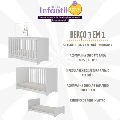 Berço 3 Em 1 Vira Cama Com Colchão Incluso Elza Multimóveis Branco