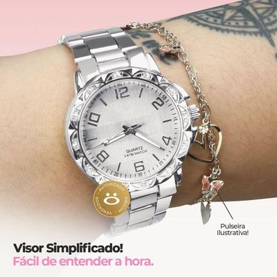 Relógio Feminino Aço Inox Strass + Brincos + Caixa Ponteiro Qualidade Premium Original Perola Casual