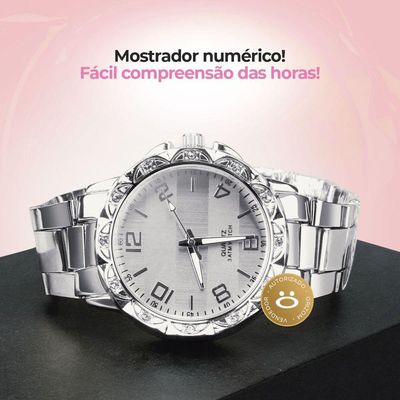Relógio Feminino Aço Inox Strass + Brincos + Caixa Ponteiro Qualidade Premium Original Perola Casual