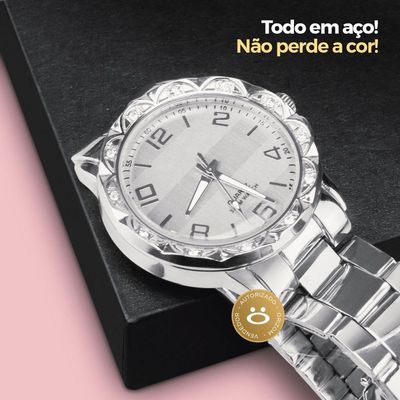 Relógio Feminino Aço Inox Strass + Brincos + Caixa Ponteiro Qualidade Premium Original Perola Casual